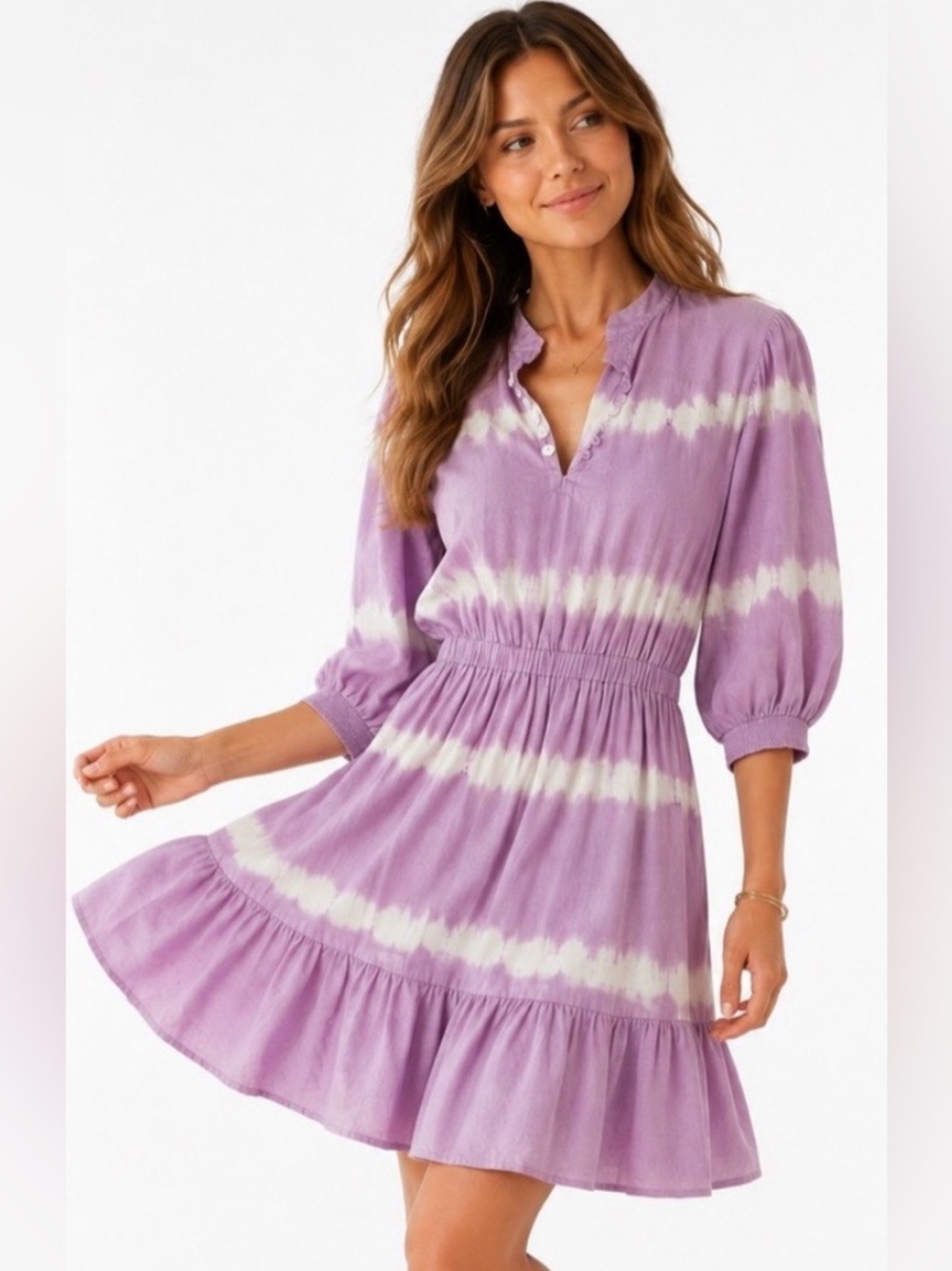 Lavender Light Purple Tie Dye Linen  Blend Smocked Boho Mini Dress Medium Casual